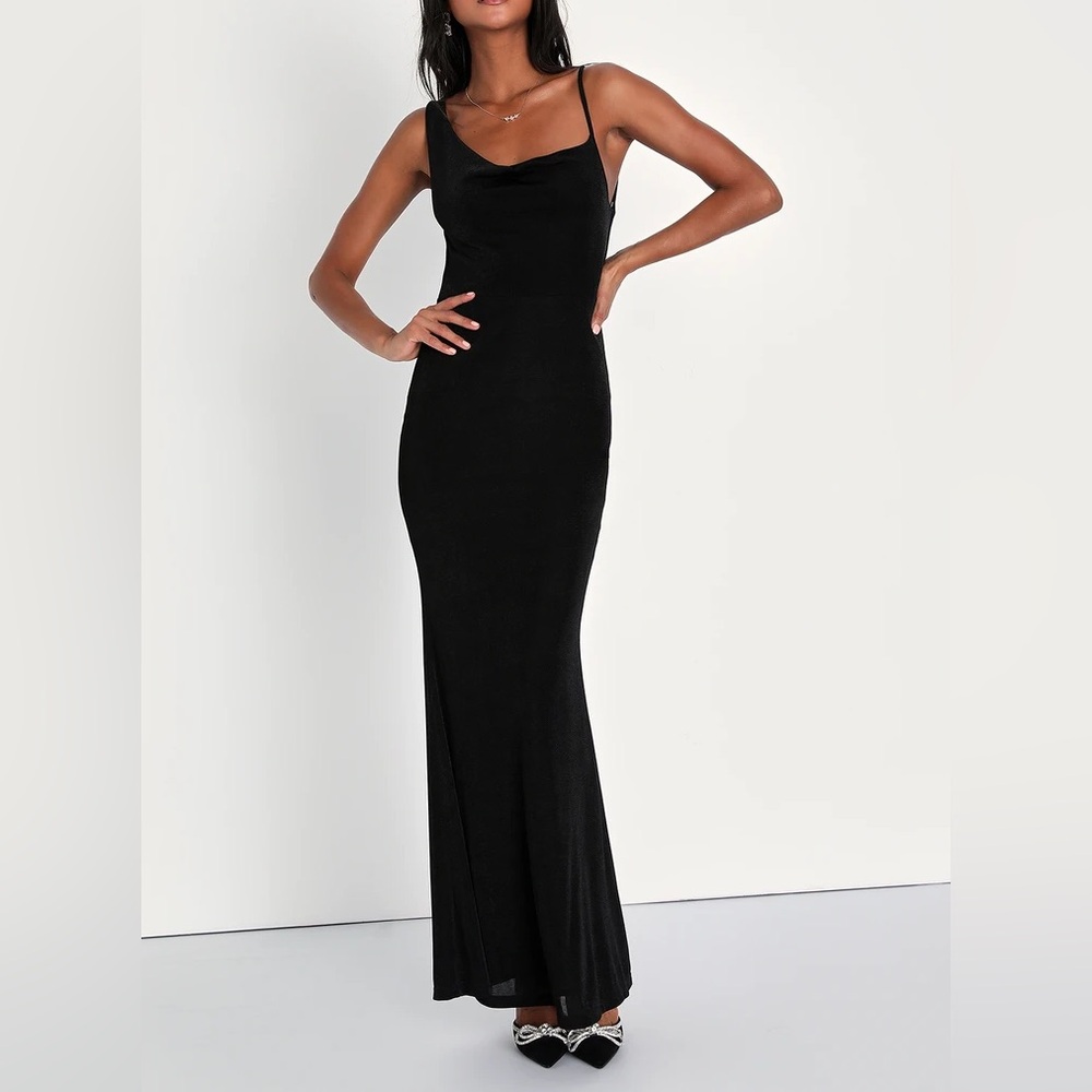 Black Cowl Asymmetrical Mermaid Maxi Dress
